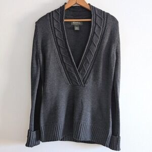 Eddie Bauer Womens Charcoal Gray 100% Merino Wool Cable Trim V-Neck Sweater M